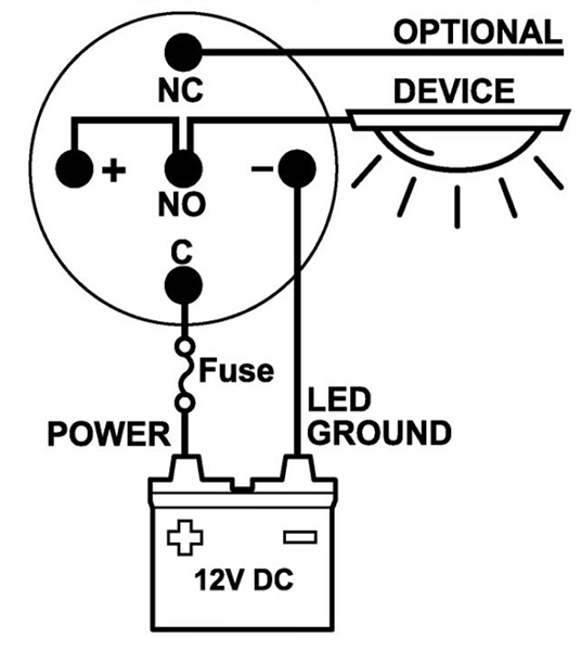 Typical wiring diagram for normal ON-OFF function with the LED used as ON indication.