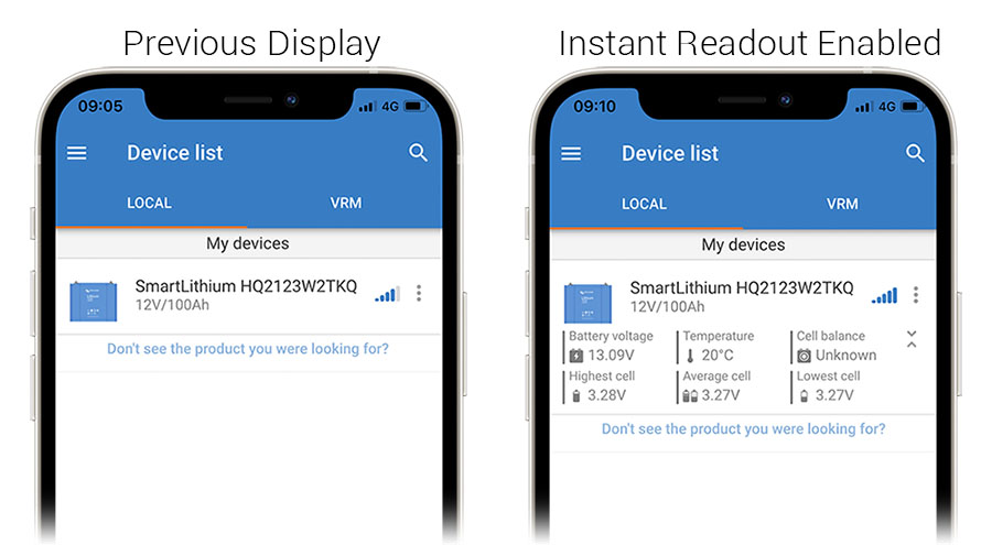 VictronConnect without and with Instant Readout Enabled