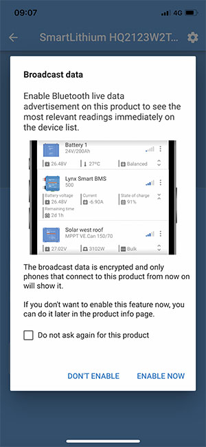 VictronConnect Broadcast Data Enable