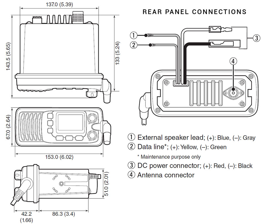IC-M200 Dimensions and Rear Panel Connections