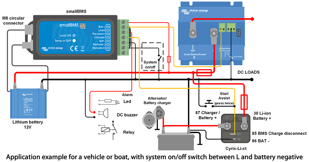 Application example for a vehicle or boat, with system on/off switch between L and battery negative