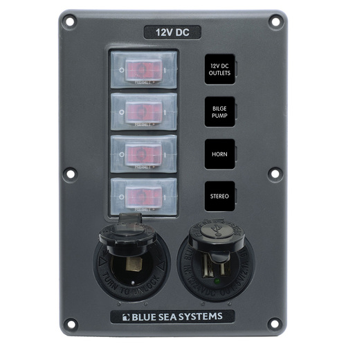Blue Sea Water-Resistant Circuit Breaker Switch Panel - Gray, 4 pos. + 12 Volt Socket and Dual USB Charger