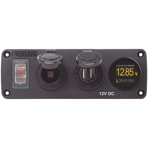 Blue Sea Water-Resistant Accessory Panel - Circuit Breaker, 12V Socket, Dual USB Charger, Mini Voltmeter