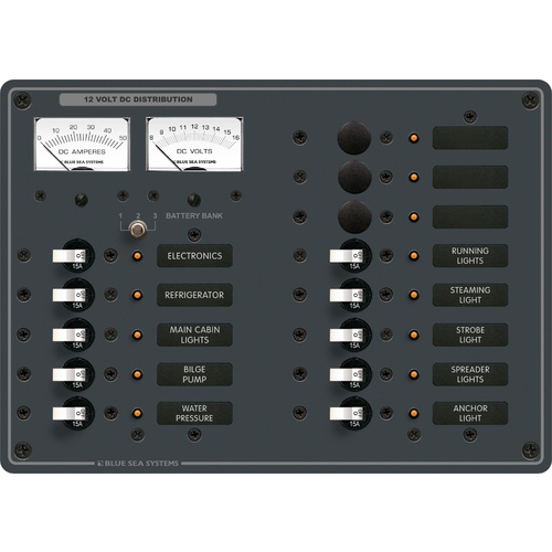 Blue Sea Panel 12VDC 13 Position Circuit Breaker Panel with Volt & Amp Meter