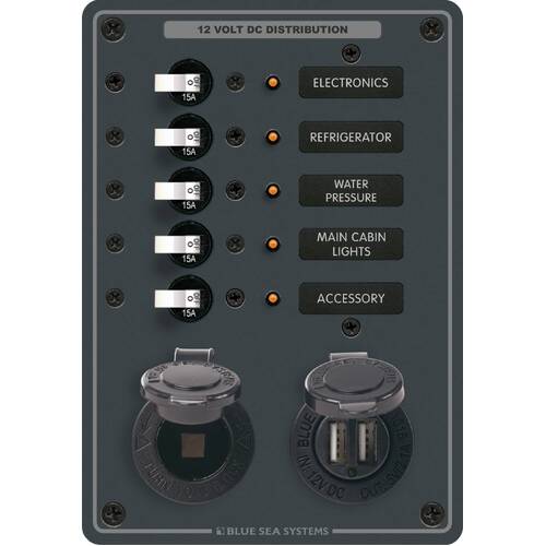 Blue Sea Traditional Metal DC Panel - 5 positions + DC Socket + USB Charger