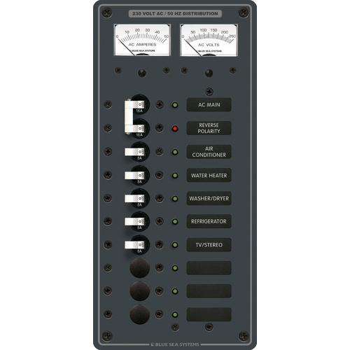 Blue Sea Panel 230VAC 10pos w/Main V/Amtr