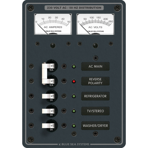 Blue Sea Panel 230VAC 5pos w/Main V/AMtr