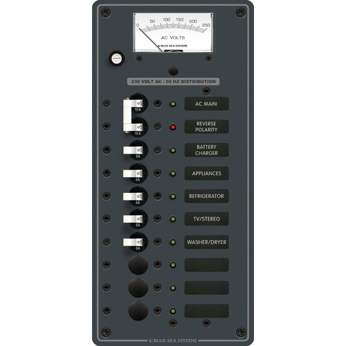 Blue Sea Panel 230VAC 10pos w/Main VMtr