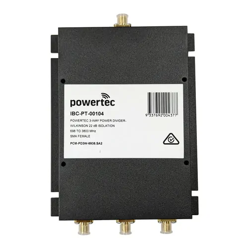 Powertec RF Power Divider 3-Way, 698 to 3800 MHz, SMA Female, Wilkinson, 18dB isolation